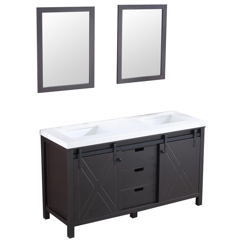 Lexora Home Marsyas 60" Double Bathroom Vanity in Brown with White Quartz Top, Rectangle Sinks and Mirrors, , large