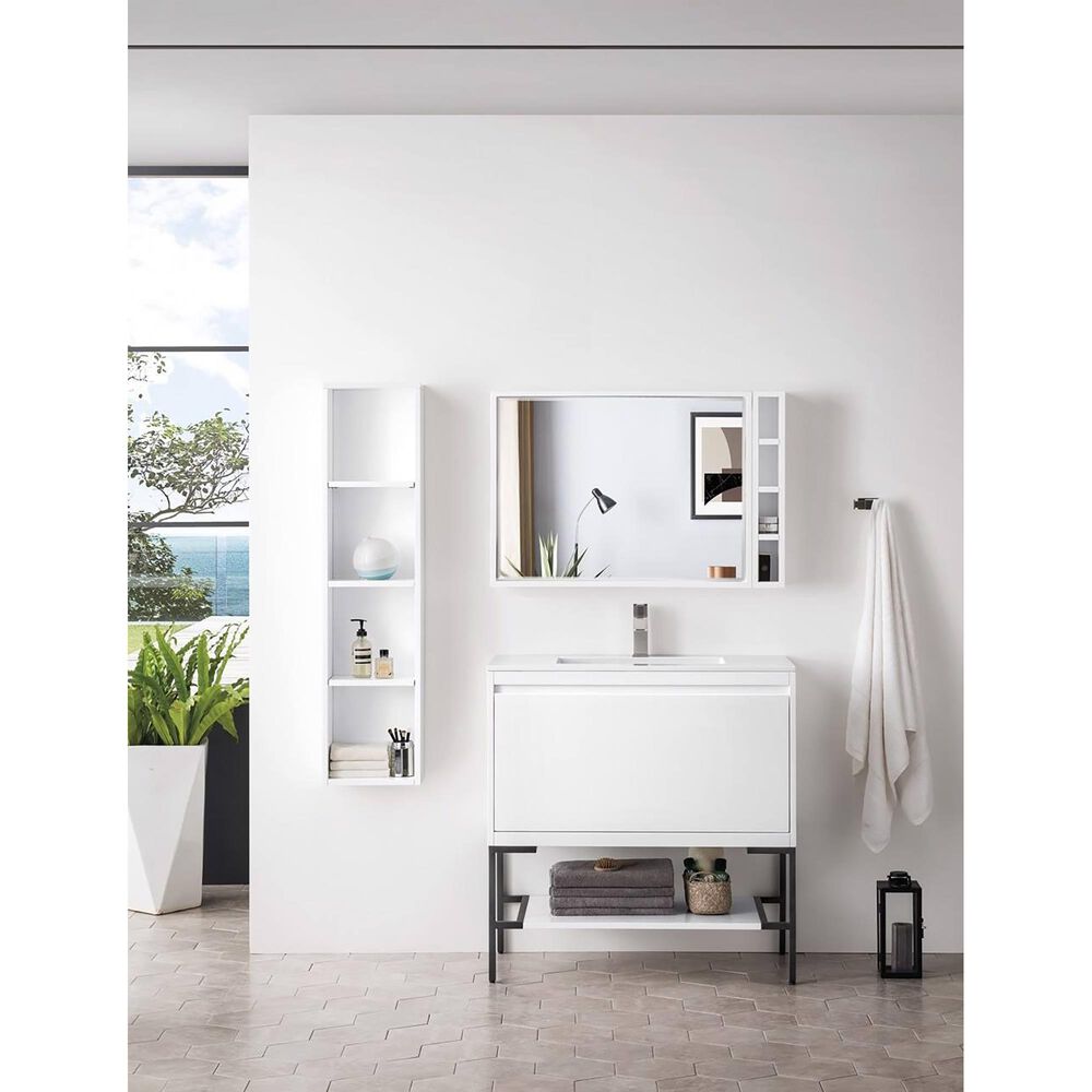 James Martin Mantova 35.4&quot; Single Bathroom Vanity in Glossy White and Matte Black with 2 cm Glossy White Solid Surface Top and Rectangular Sink, , large