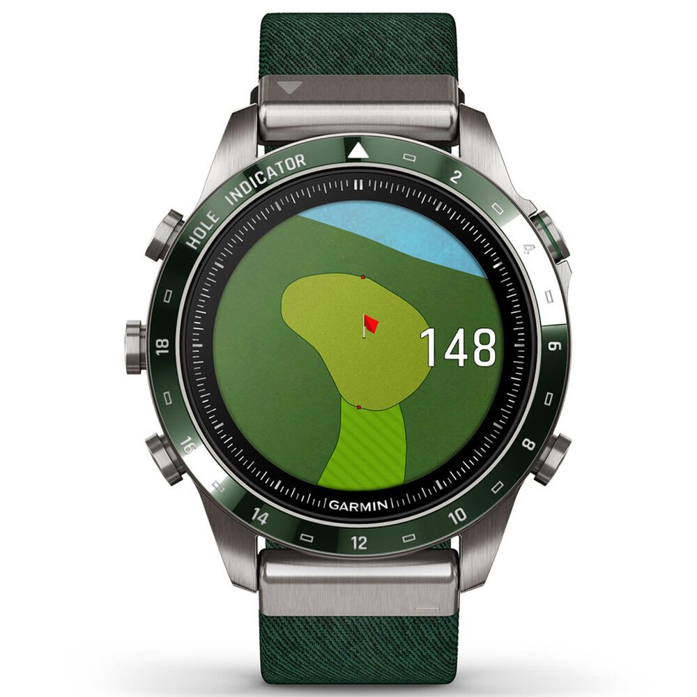 Garmin MARQ 2 Golfer AMOLED Smartwatch Silver Grade 5 Titanium Bezel Case with Green Nylon Band, , large