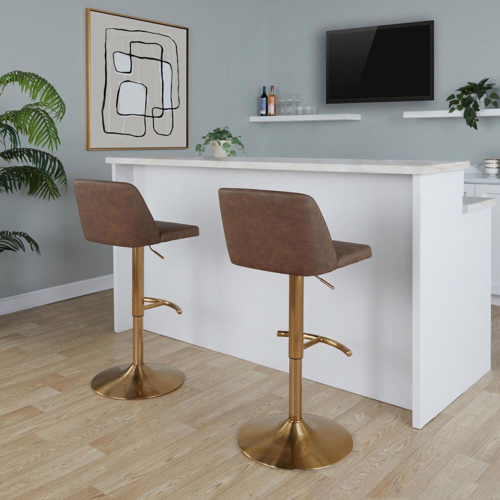 LumiSource Toriano Swivel Adjustable Bar Stool with Espresso Faux Leather Upholstery in Gold (Set of 2), , large
