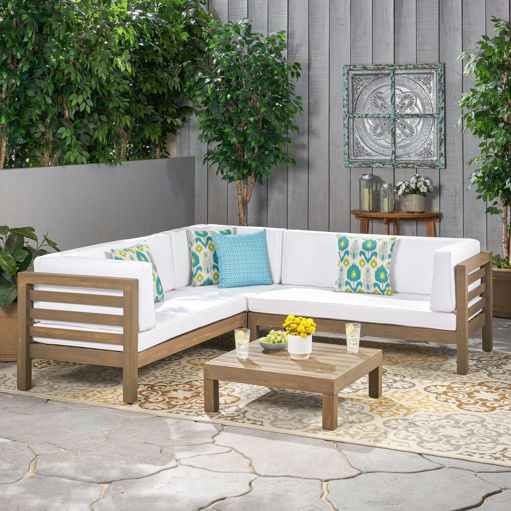 Noble House Oana 4-Piece Patio Sectional Set with White Cushion in Gray, , large