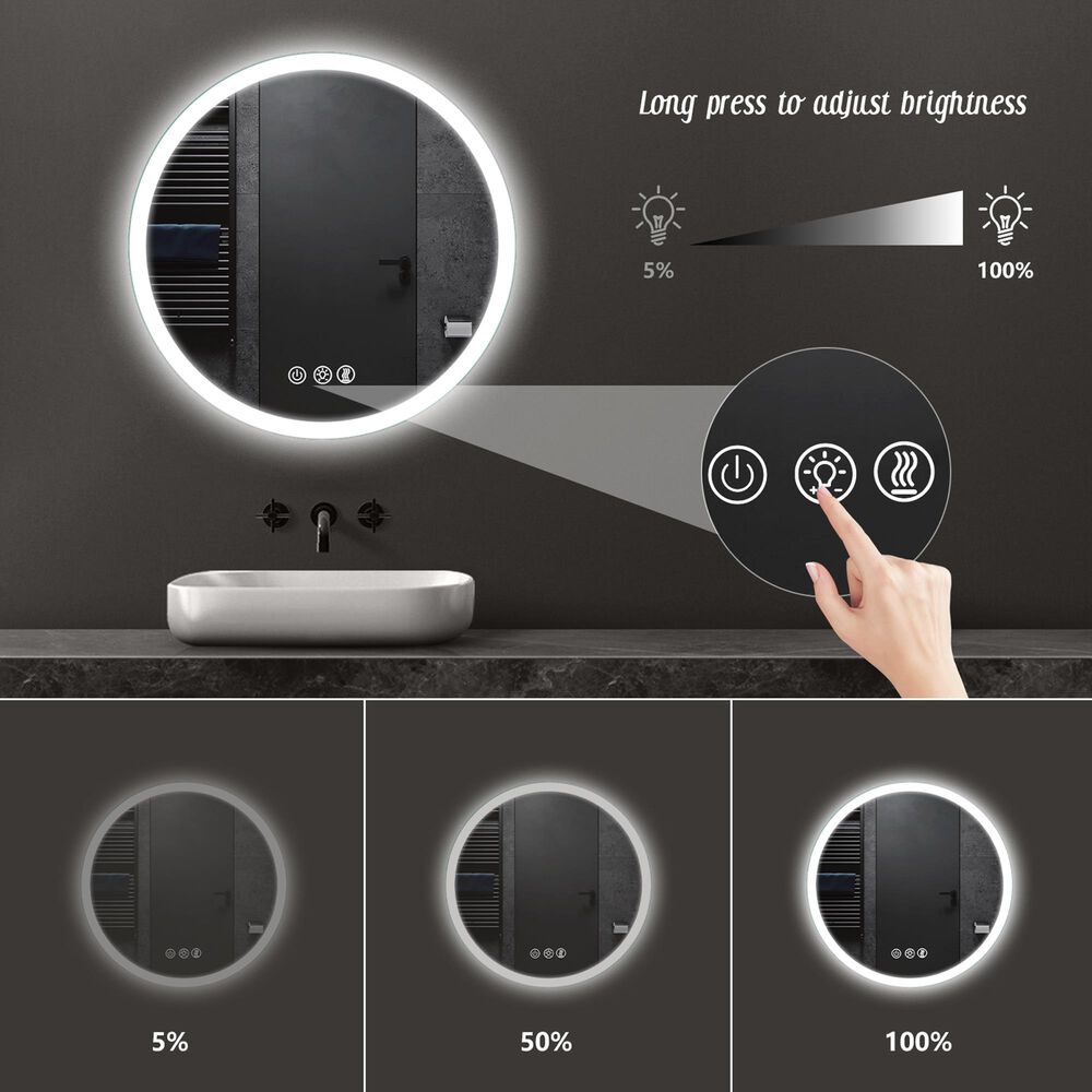 HOMLUX 28" Round LED Bathroom Vanity Mirror in Silver, , large