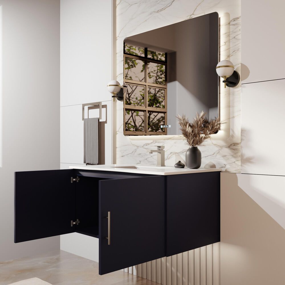 Lexora Home Geneva 36" Single Bathroom Vanity in Navy Blue with 2 cm White Cultured Marble Top and Rectangular Sink, , large
