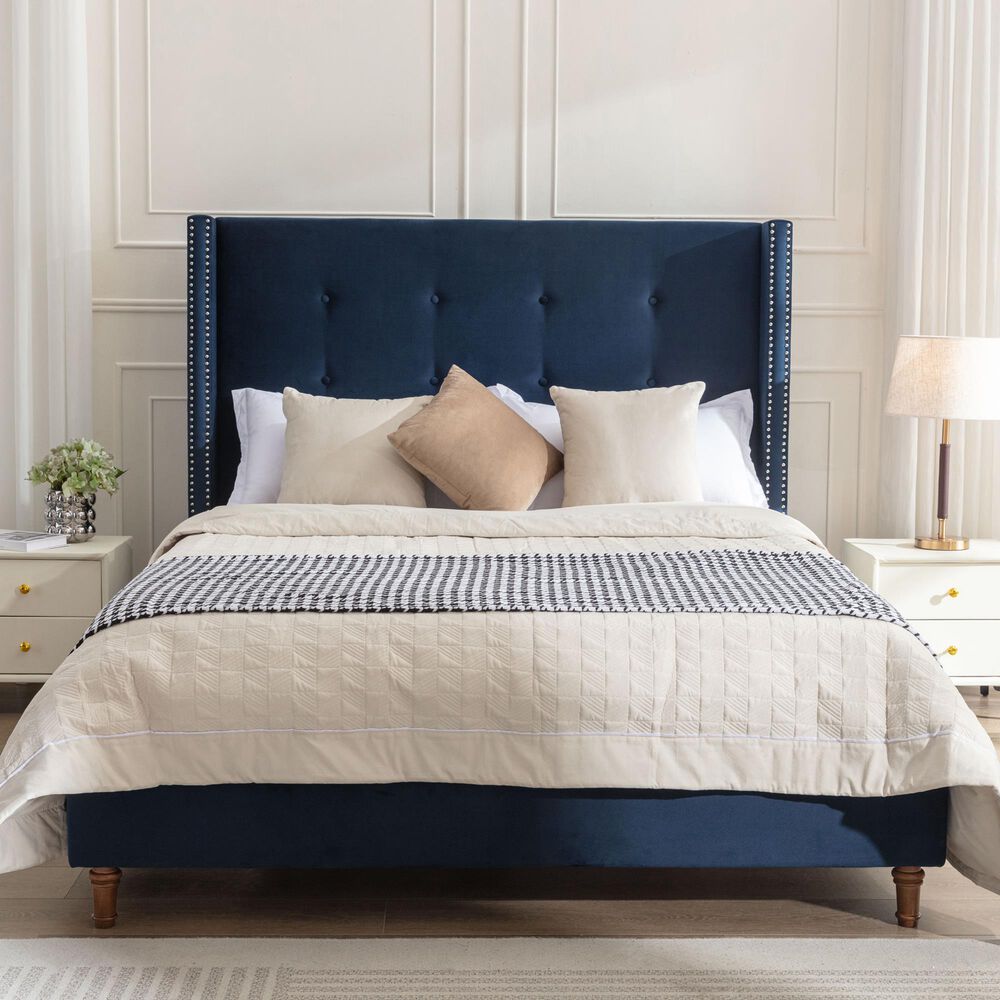 Hearth and Haven Peyton Queen Platform Bed with Blue Upholstery in Walnut, , large