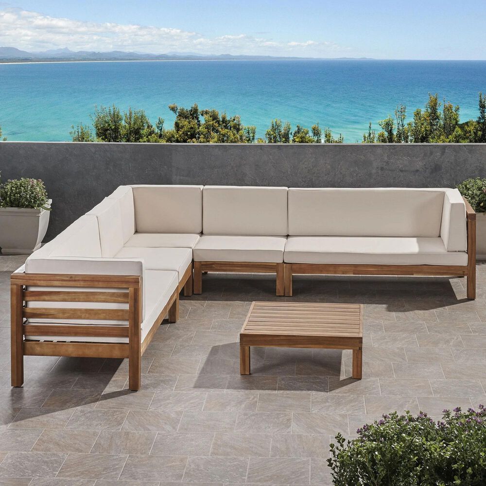 Noble House Kaena 6-Piece Stationary Patio L-Shaped Sectional Chat Set in Beige, , large