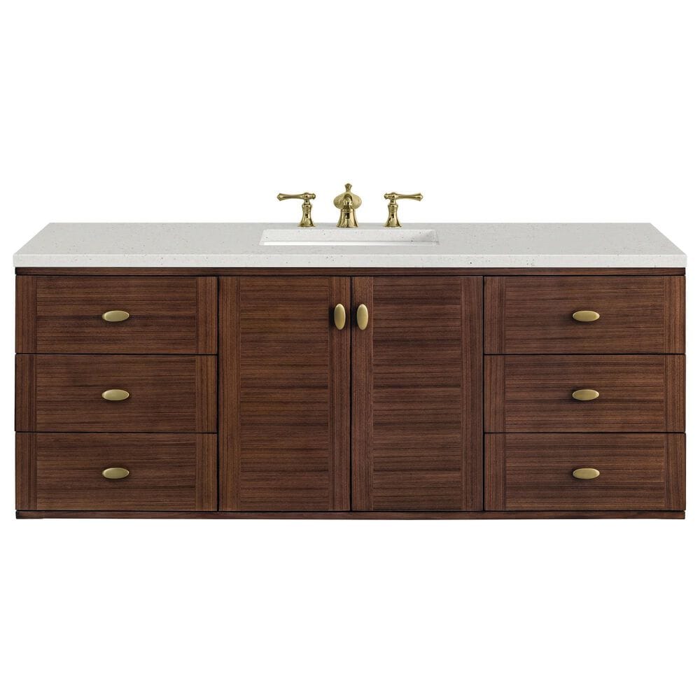 James Martin Vanities Amberly 60&quot; Single Bathroom Vanity in Mid-Century Walnut with 3 cm Lime Delight Quartz Top and Rectangular Sink, , large
