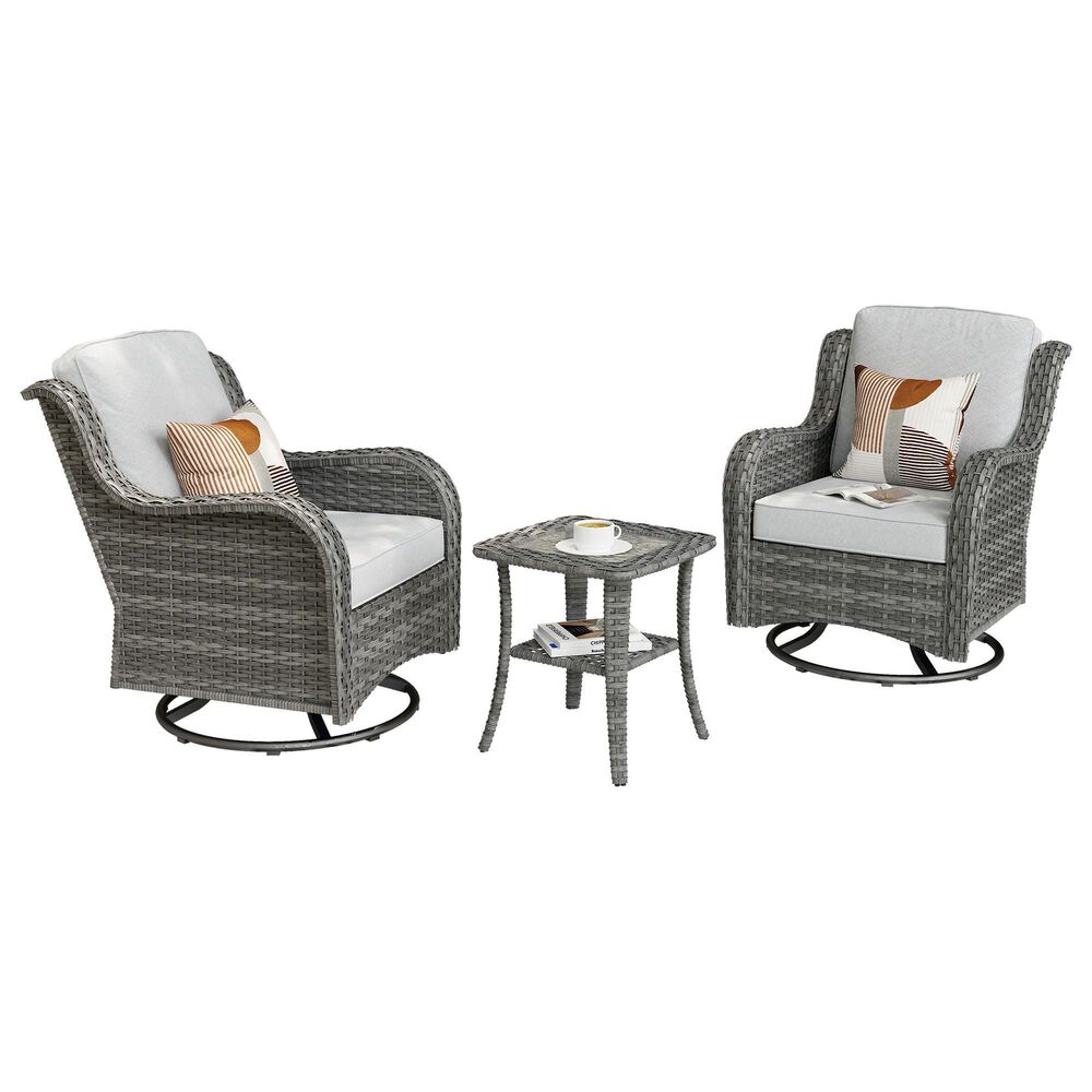 HOMLUX 3-Piece Patio Conversation Set with Curved-Arm Swivel Rocking Chairs and Light Gray Wicker in Gray, , large