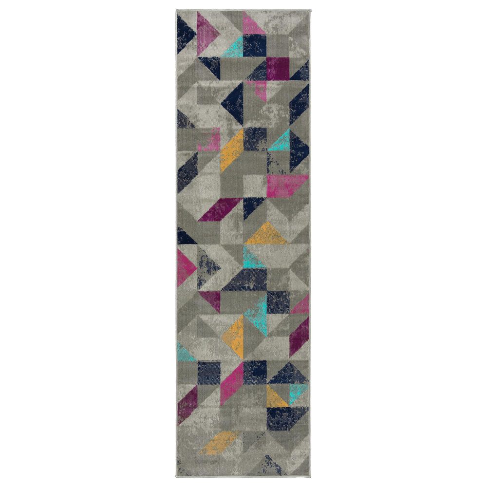 Kaleen Rugs Kaleen Rugs Zuma Beach 2"2" x 7"6" Grey, Silver, Navy, Gold, Turquoise, Pink and Plum Indoor/Outdoor Runner, , large