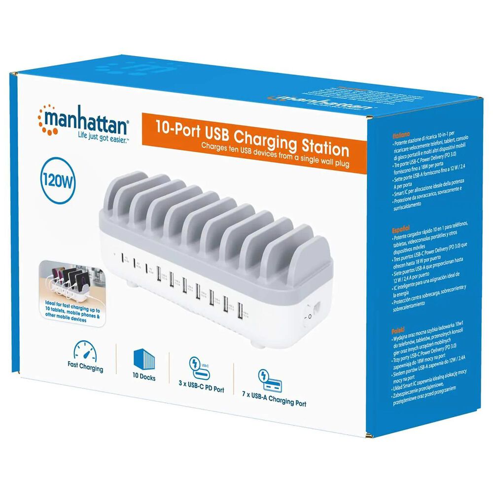 Manhattan 10-Port USB Charging Station in White and Gray, , large