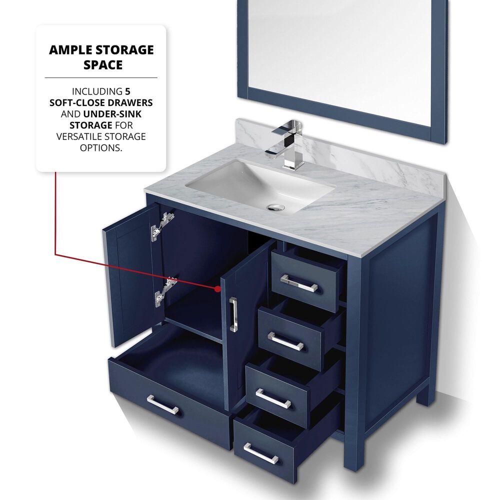 Lexora Home Jacques 36&quot; Left Offset Single Bathroom Vanity in Navy Blue with 2 cm White Carrara Marble Top and Rectangular Sink, , large