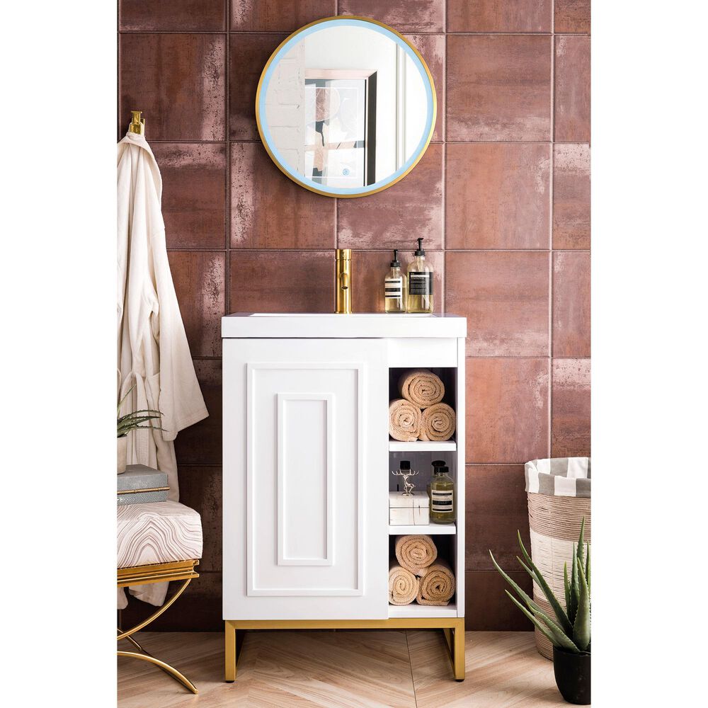 James Martin Vanities Alicante 24&quot; Single Bathroom Vanity in Glossy White and Radiant Gold with 5 cm White Glossy Resin Top and Rectangular Sink, , large