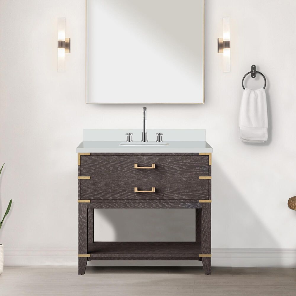 Lexora Home Norwalk 36&quot; Single Bathroom Vanity in Brown Oak with White Quartz Top, Rectangular Sink and 34&quot; Mirror, , large
