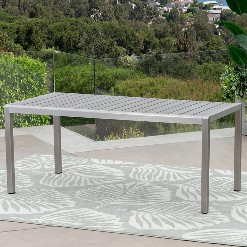 Hearth and Haven Coral Outdoor Aluminum Dining Table with Faux Wood Top in Gray, , large