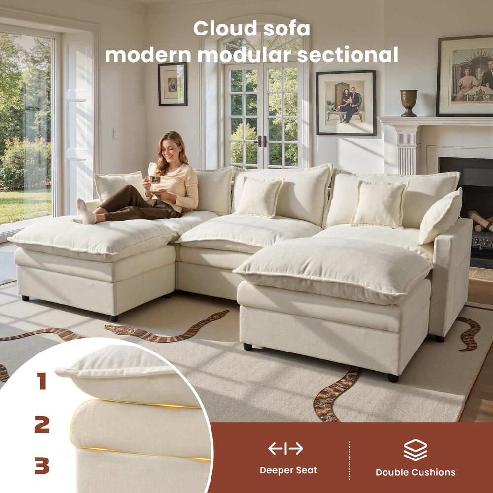 HOMLUX 107.87" Ultra-Comfort Chenille Sectional Sofa Set in White, , large