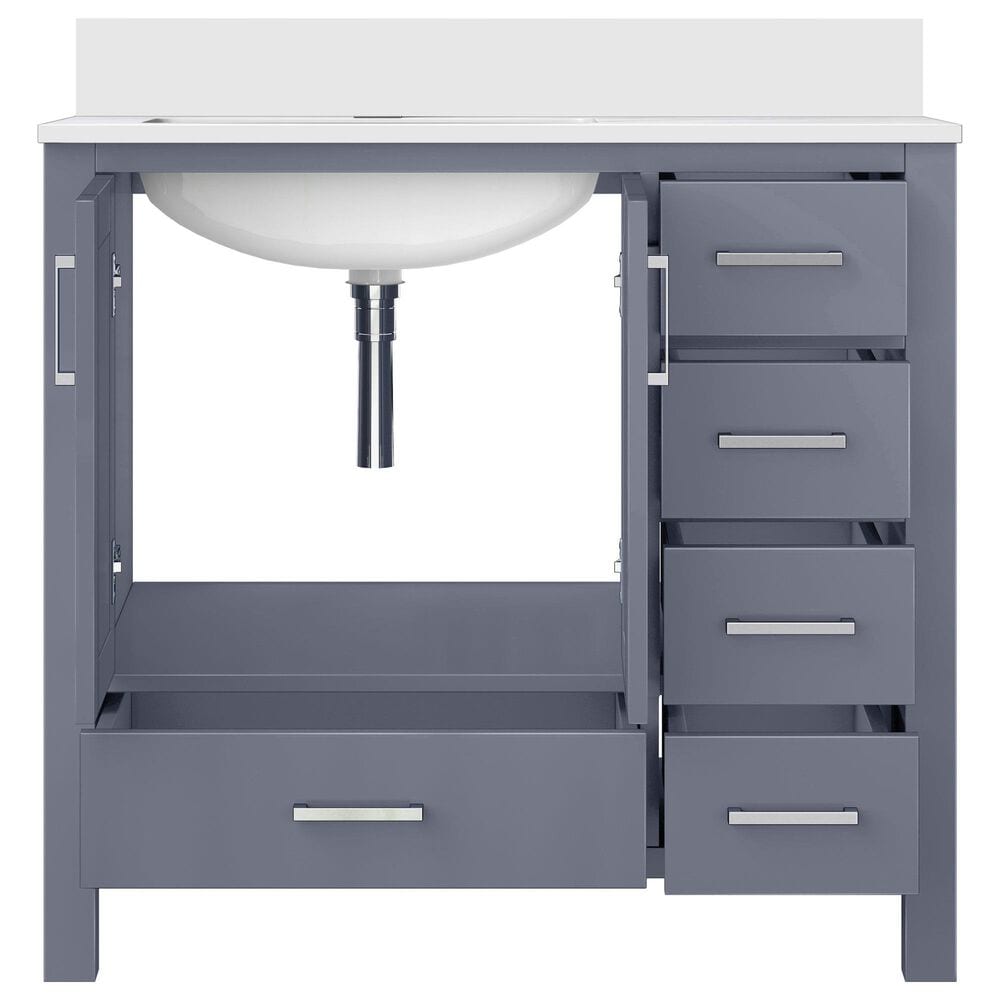 Lexora Home Jacques 36&quot; Left Offset Single Bathroom Vanity in Dark Grey with 2 cm White Quartz Top and Rectangular Sink, , large