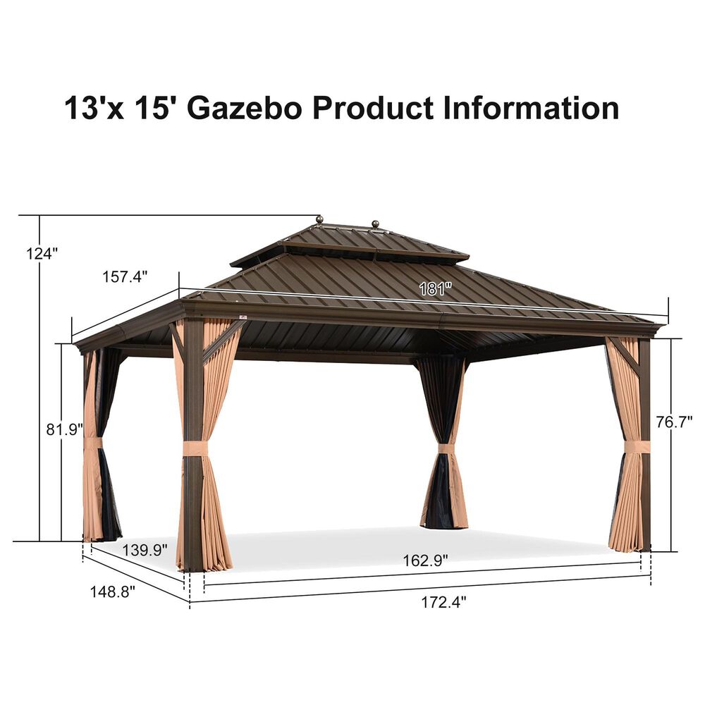 HOMLUX 13' x 15' Outdoor Hardtop Gazebo with Galvanized Steel in Brown, , large