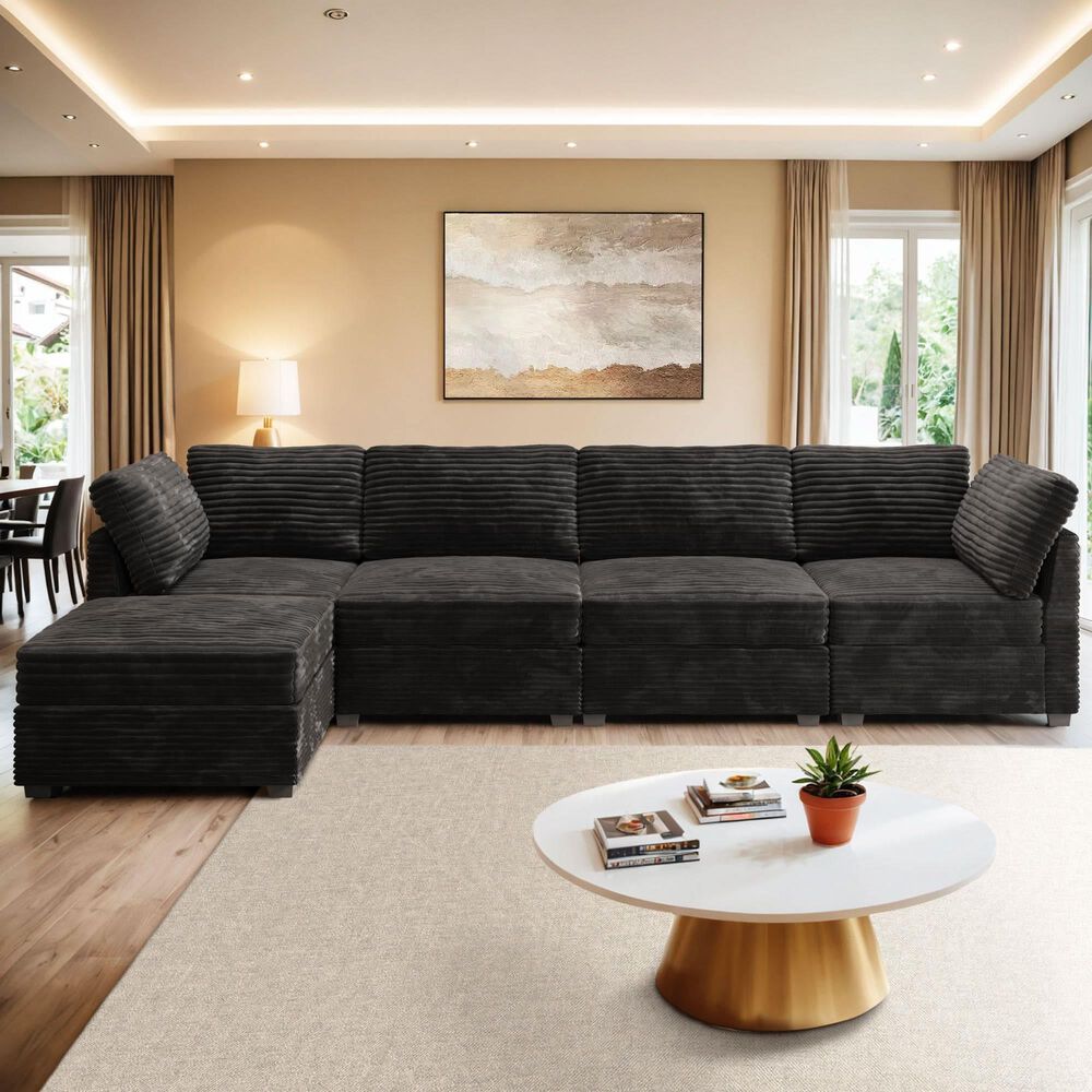 HOMLUX 5-Piece Mod Sectional with Ottoman in Black, , large