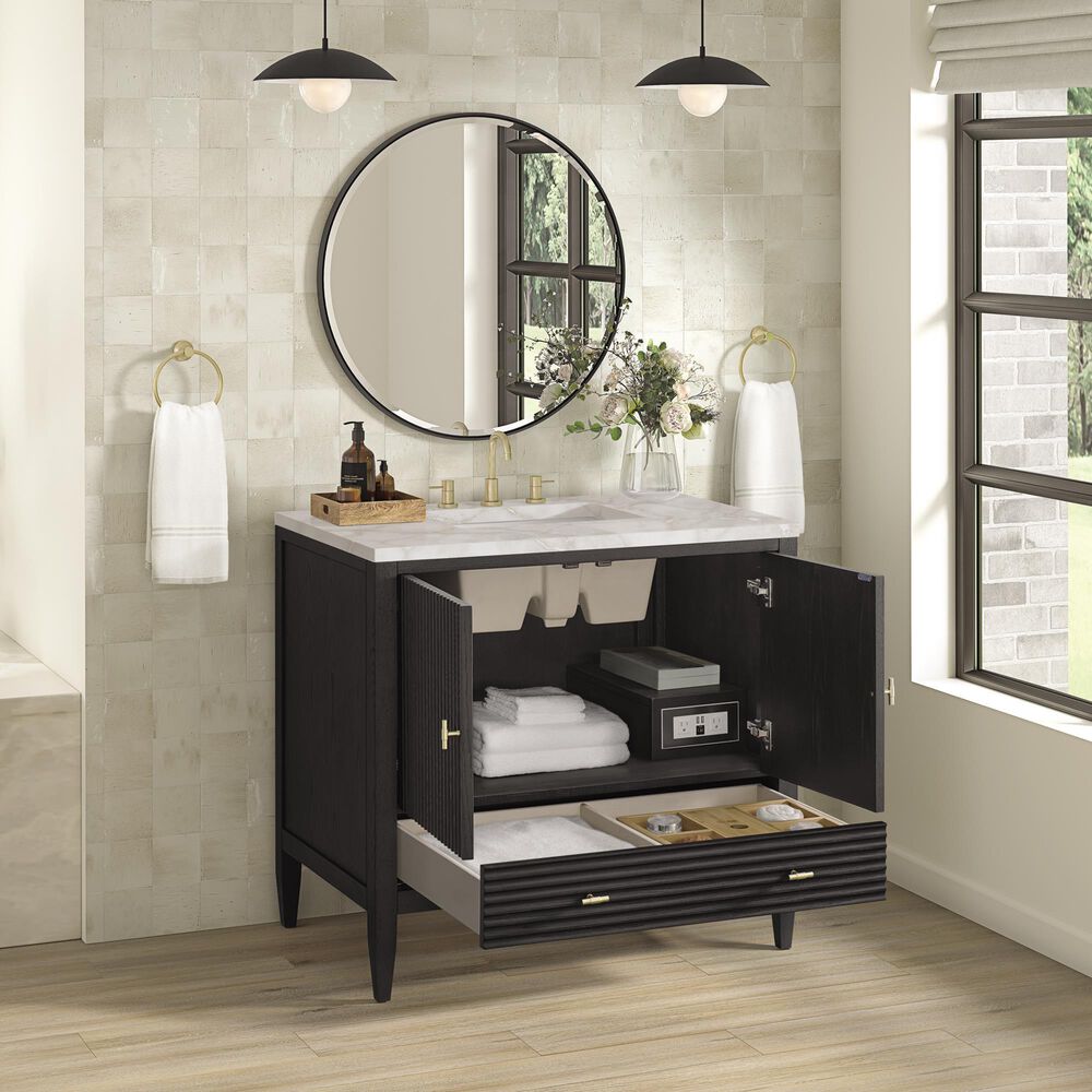 James Martin Vanities Myrrin 36&quot; Vanity in Carbon Oak with 3 cm Victorian Silver Quartz Top, , large