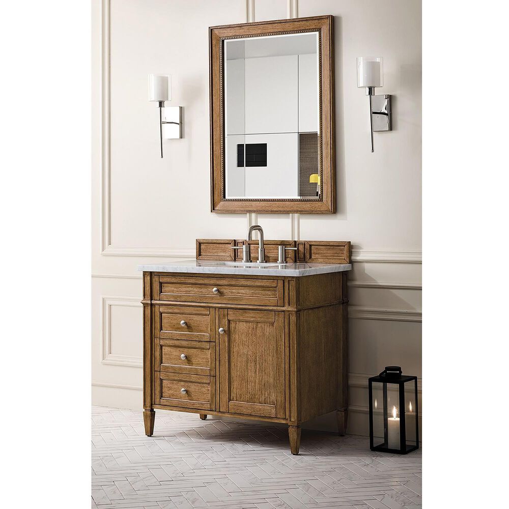 James Martin Vanities Brittany 36&quot; Single Bathroom Vanity in Saddle Brown with 3 cm Arctic Fall Solid Surface Top and Rectangular Sink, , large