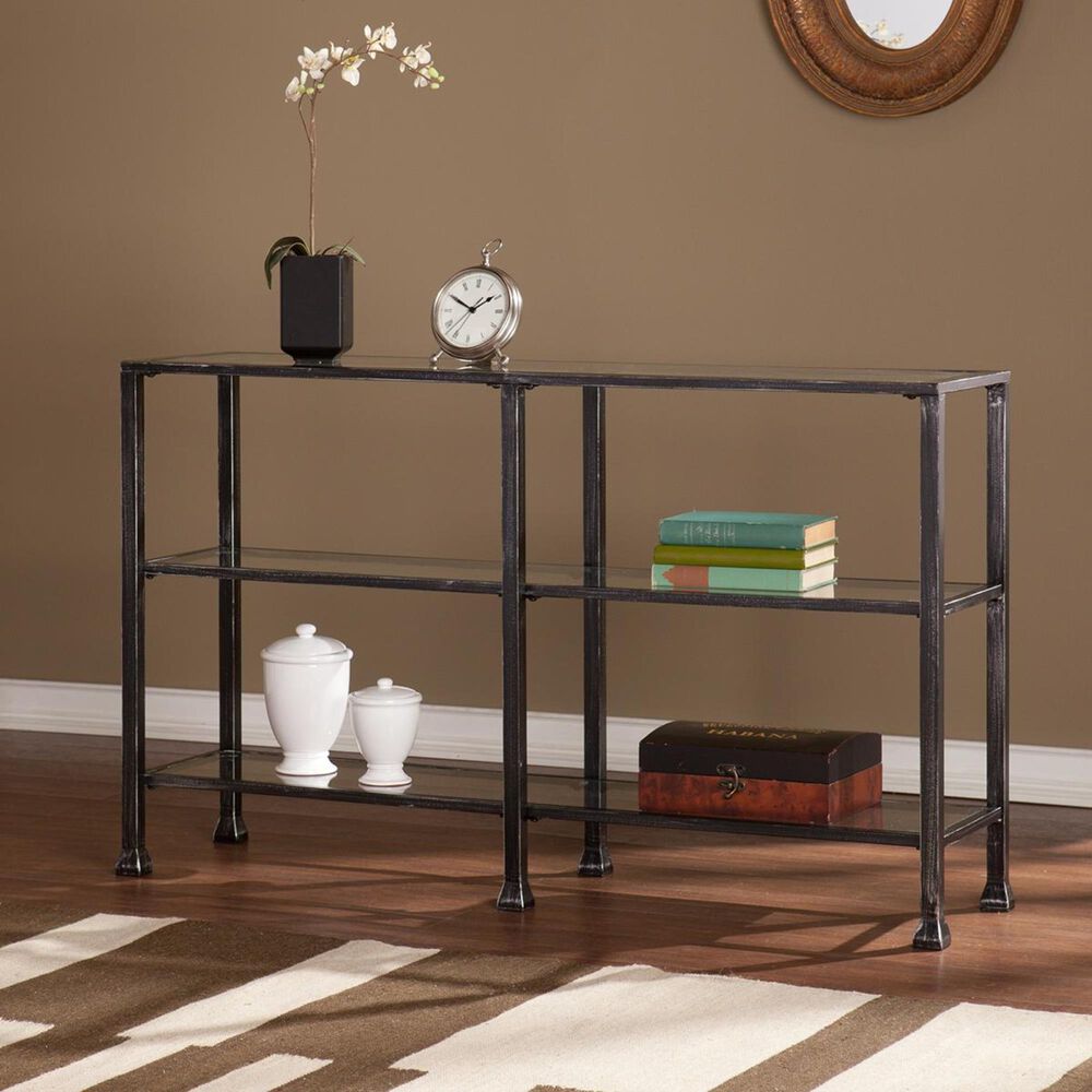 Southern Enterprises Metal/Glass 3-Tier Console Table in Distressed Black, , large