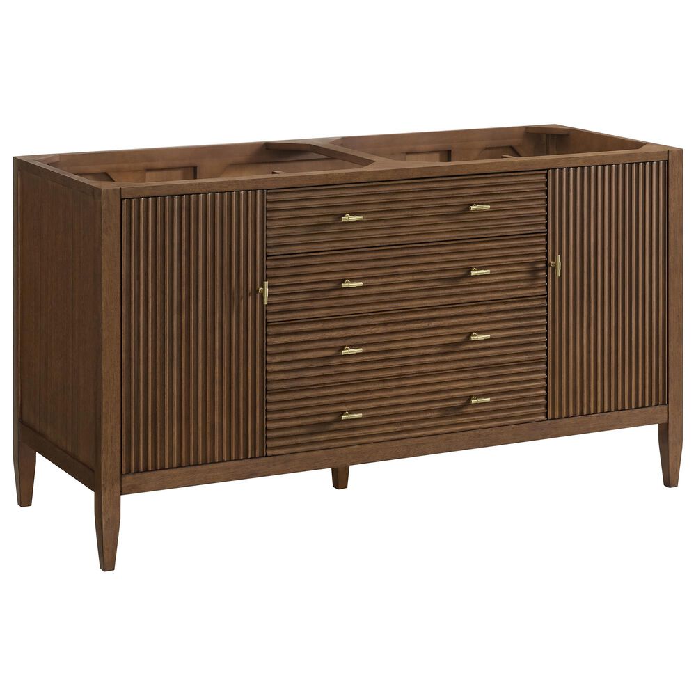 James Martin Vanities Myrrin 60&quot; Double Vanity in Mid Century Walnut with 3 cm Arctic Fall Solid Surface Top, , large