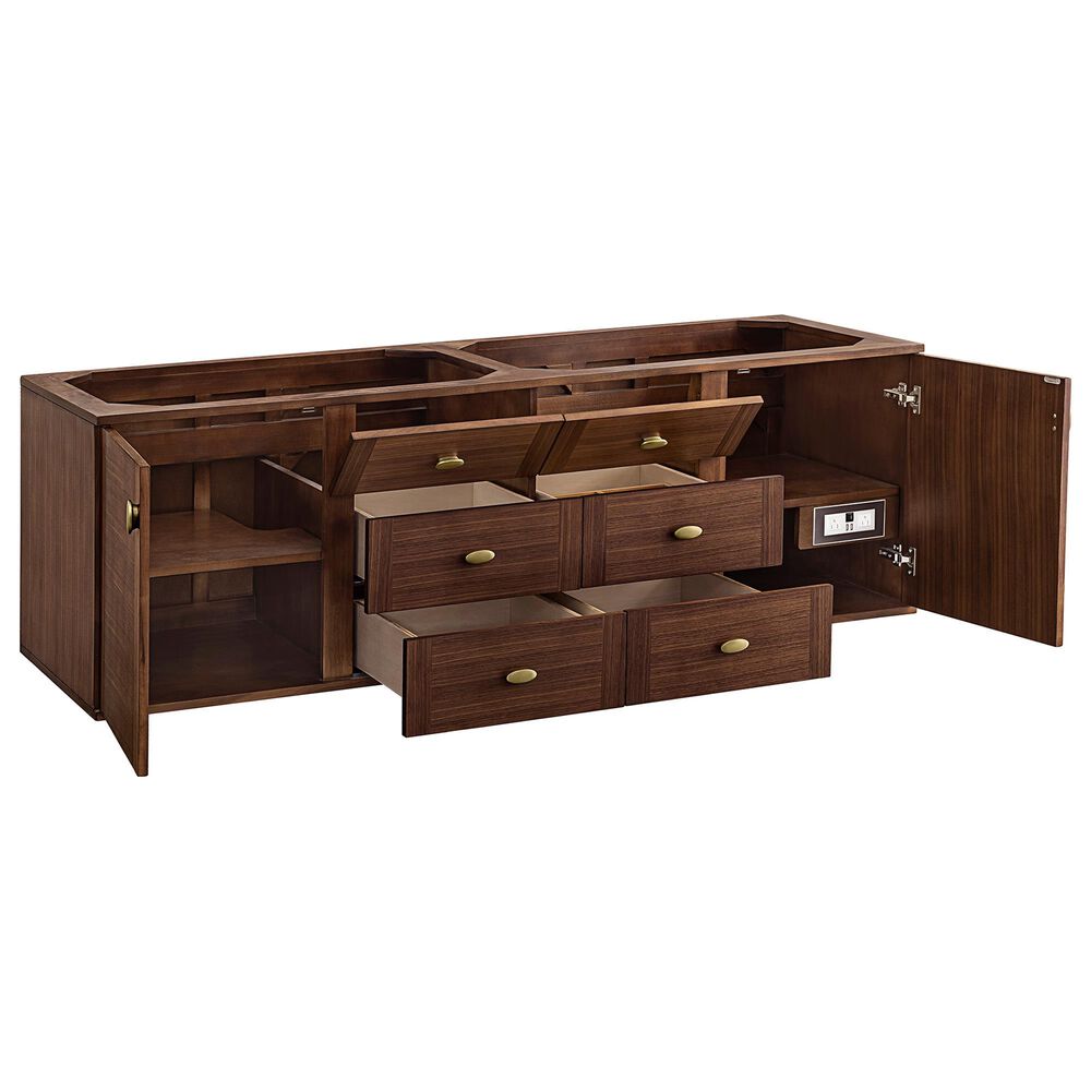 James Martin Vanities Amberly 72&quot; Double Bathroom Vanity in Mid-Century Walnut with Single Hole 3 cm White Zeus Quartz Top and Rectangular Sinks, , large