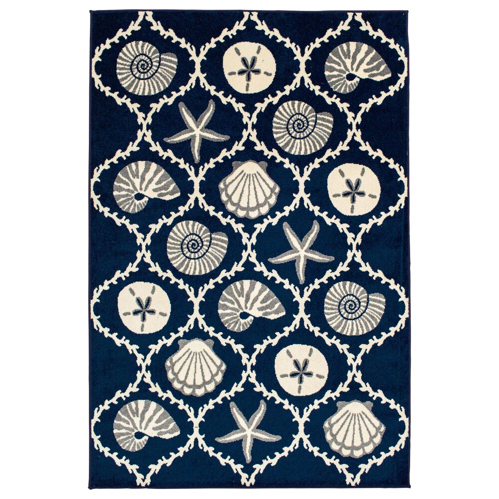 Central Oriental Terrace Tropic Coastal Coral Lattice 5" x 7"3" Sapphire and Snow Area Rug, , large