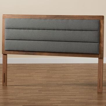 Baxton Studio Dexter King Panel Headboard with Dark Grey Fabric in Walnut Brown, , large