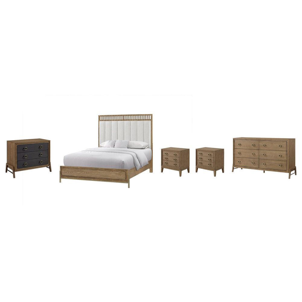 Sterling Timber Elure Queen Upholstered and Strap Panel Bed with Dresser Bachelor Chest and 2 Nightstands in Latte, , large