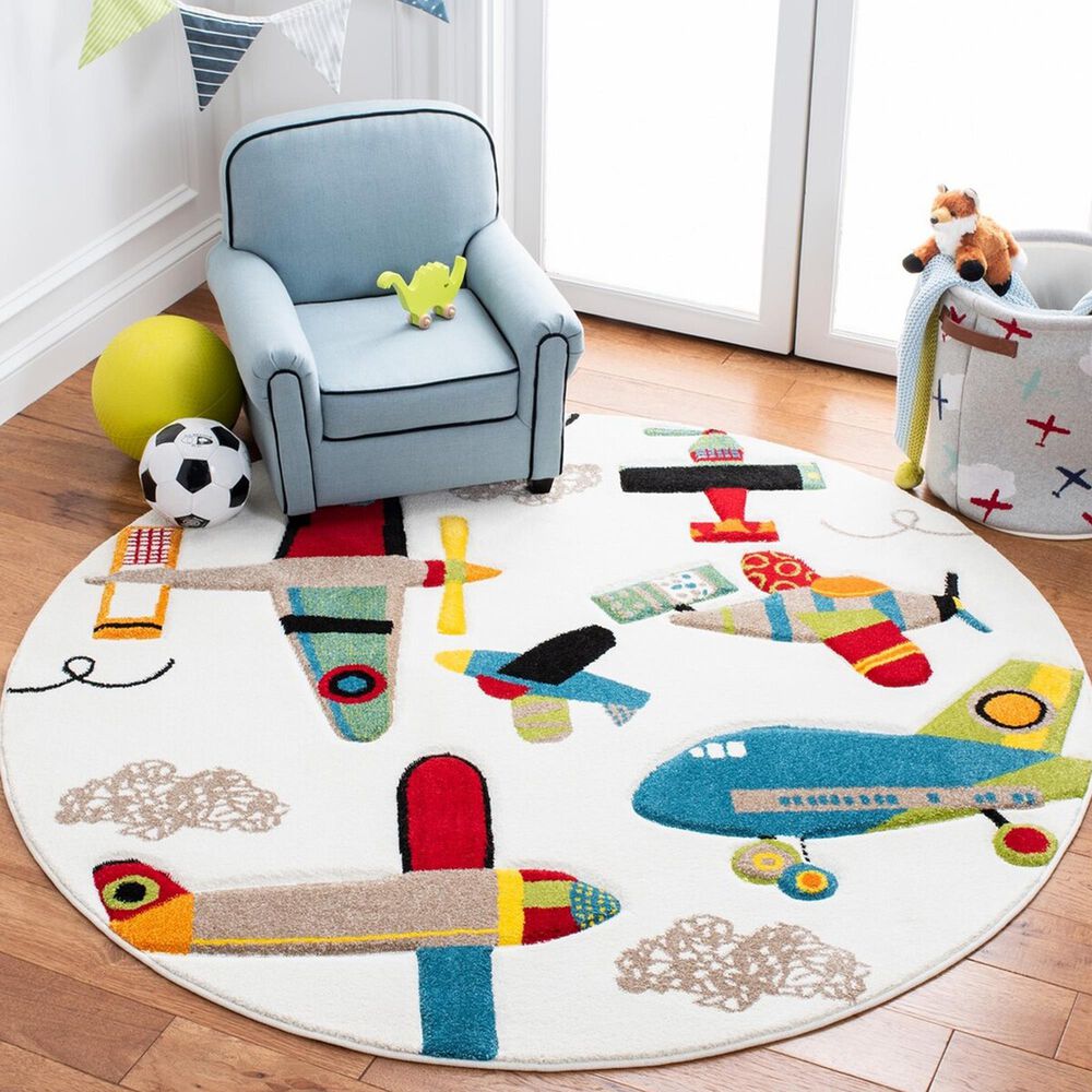 Safavieh Carousel Outer Space 5&#39;3&quot; Round Ivory and Blue Kids  Area Rug, , large