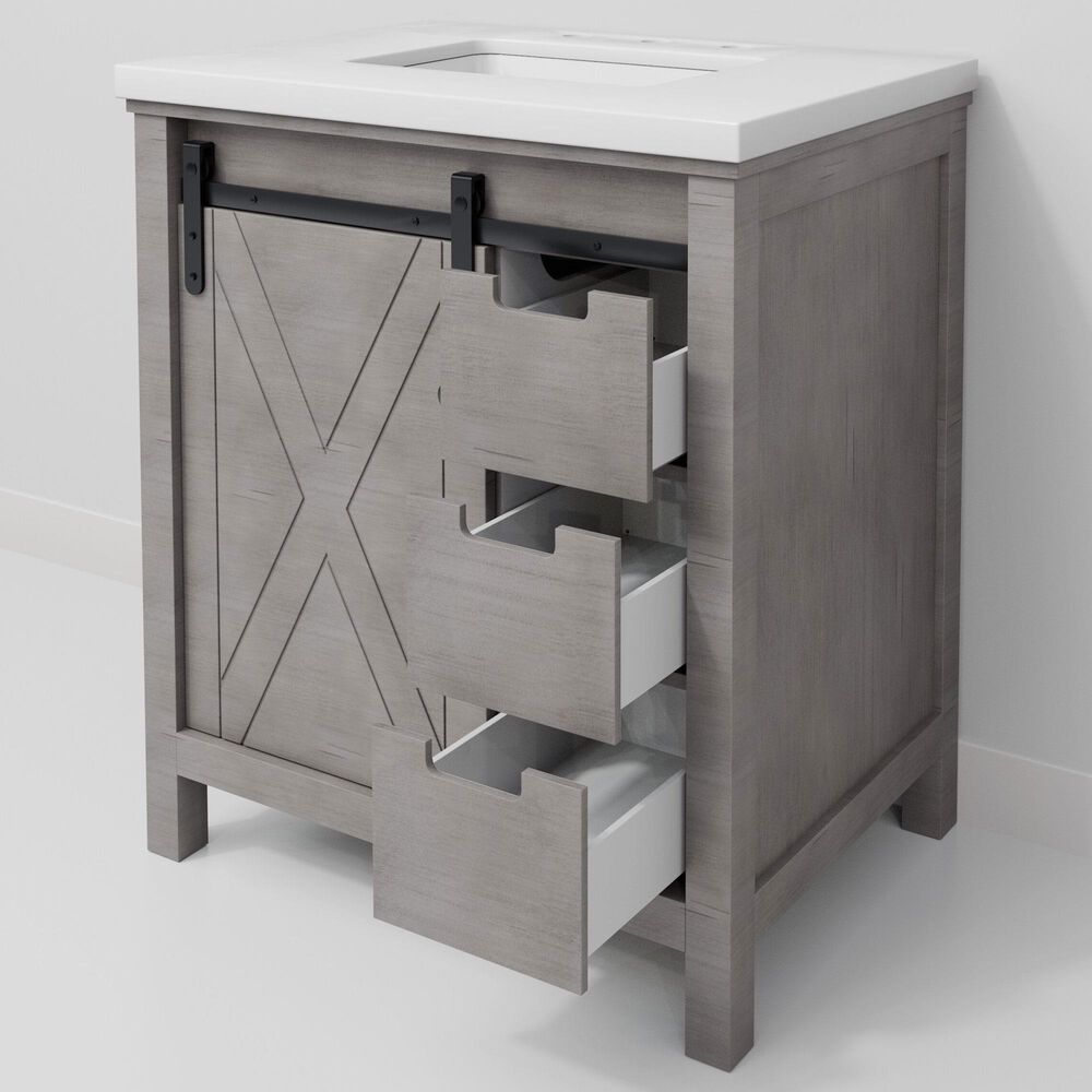 Lexora Home Marsyas 30" Single Bathroom Vanity in Ash Grey with White Quartz Top and Rectangular Sink, , large