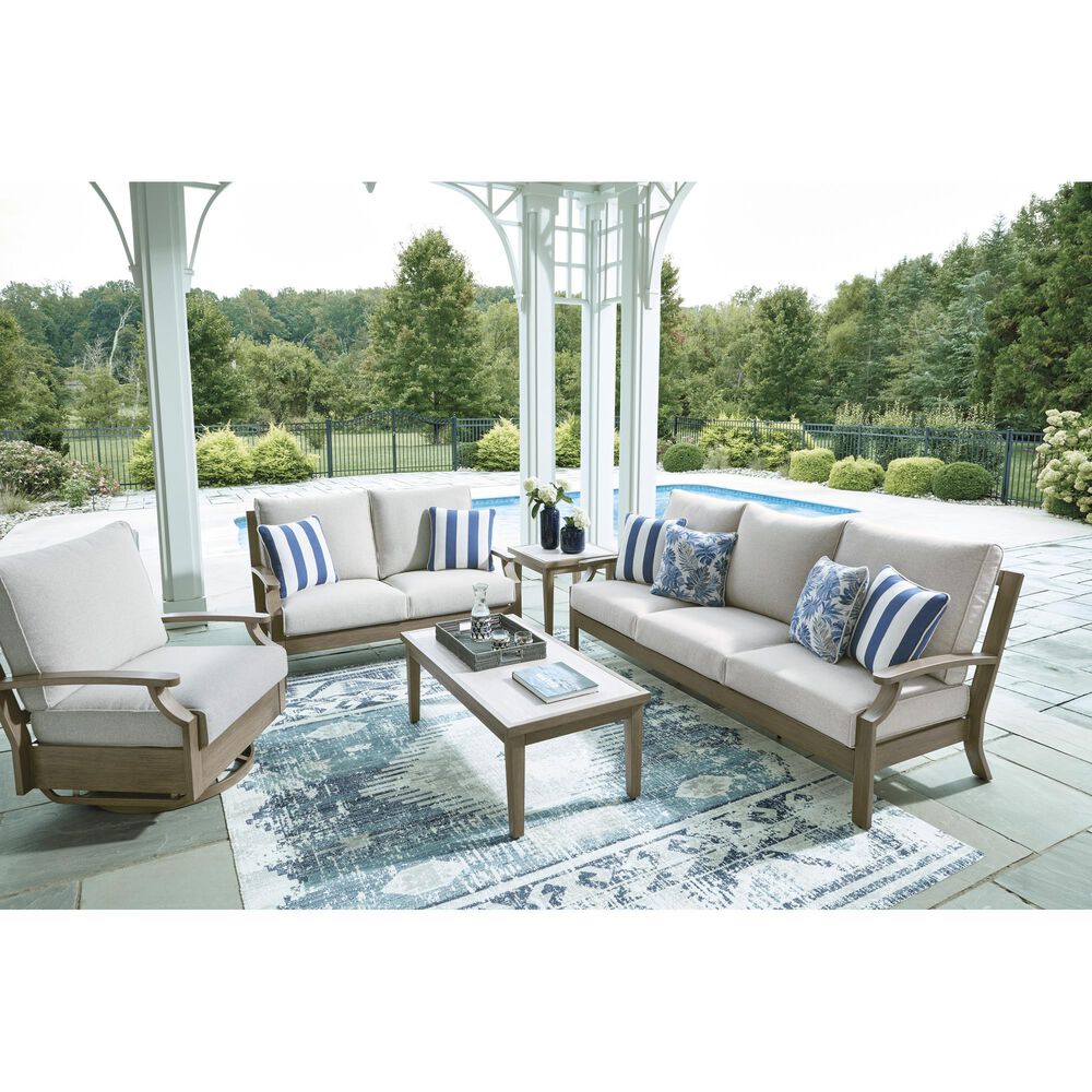 Ashley Rainier Ranch Outdoor Loveseat with Beige Cushion in Brown, , large