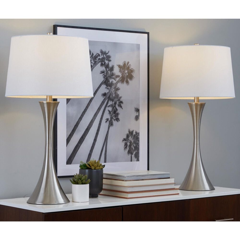 LumiSource Lenuxe 29" Metal Table Lamp with White Textured Linen Shade in Brushed Nickel (Set of 2), , large