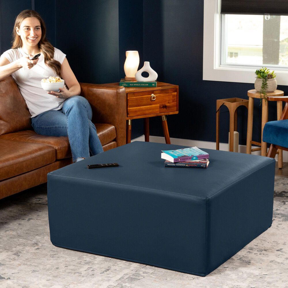 Jaxx Fairlie Faux Leather Ottoman in Oxford Blue, , large