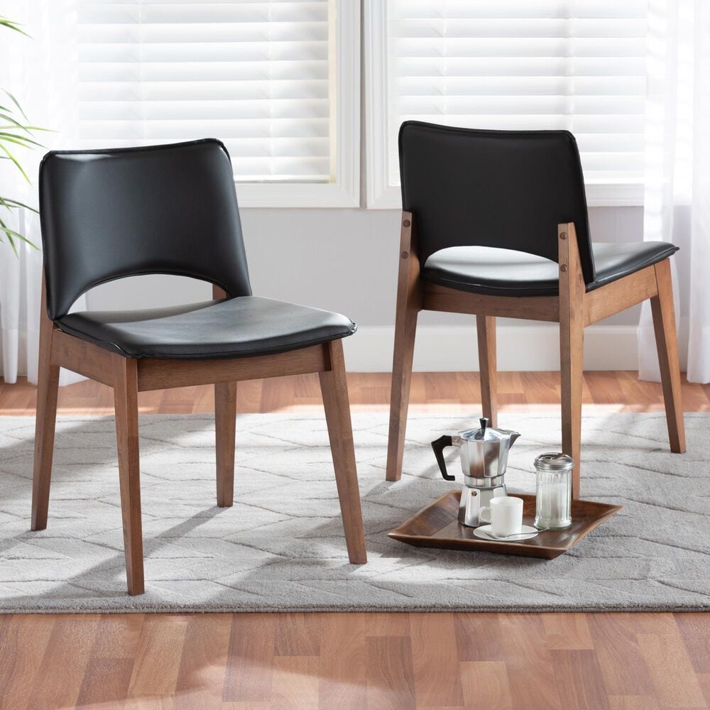 Baxton Studio Afton Side Chair with Black Faux Leather in Walnut Brown (Set of 2), , large