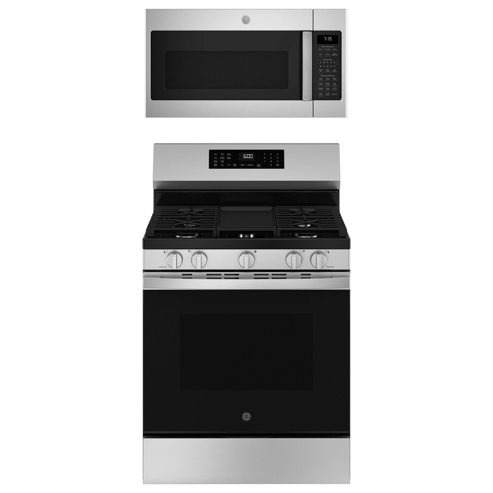 GE Appliances 2-Piece Kitchen Package with 5.3 Cu. Ft. Free-Standing Gas Range and 1.9 Cu. Ft. Over-The-Range Microwave in Stainless Steel and Black, , large