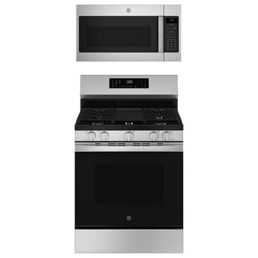 GE Appliances 2-Piece Kitchen Package with 5.3 Cu. Ft. Free-Standing Gas Range and 1.9 Cu. Ft. Over-The-Range Microwave in Stainless Steel and Black, , large