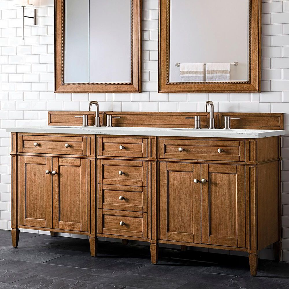 James Martin Vanities Brittany 72&quot; Double Bathroom Vanity in Saddle Brown with 3 cm Ethereal Noctis Quartz Top and Rectangular Sink, , large
