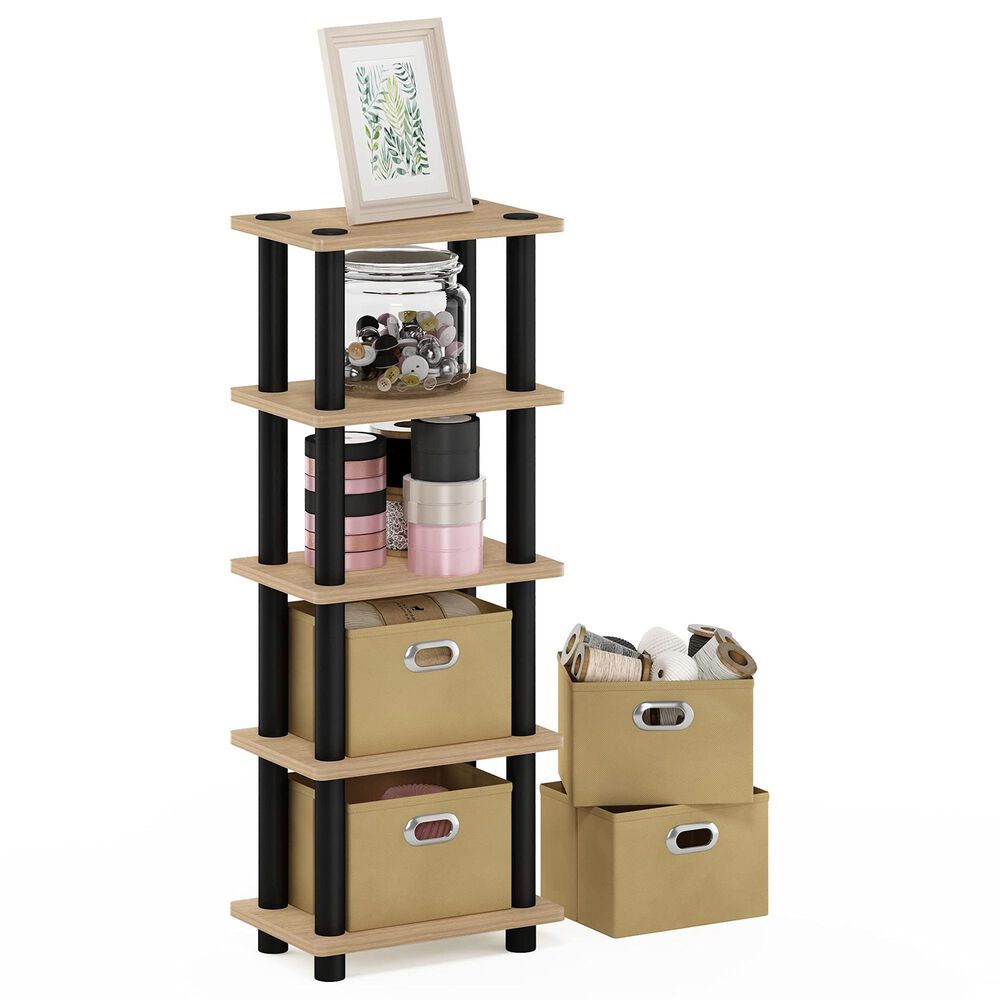 HOMLUX 5-Tier Tall Corner Open Bookshelf with 4 Storage Bins in Oak and Black, , large
