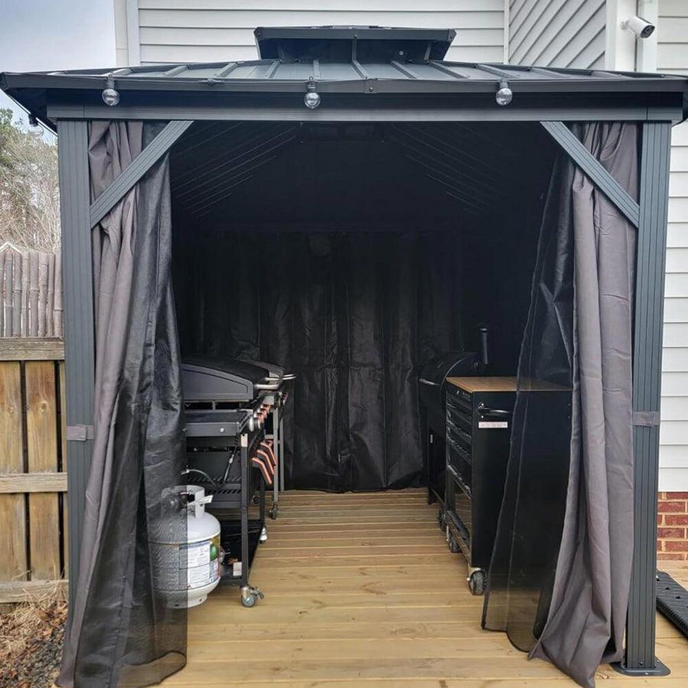 HOMLUX 8' x 8' Outdoor Hardtop Gazebo with Galvanised Steel Roof, Netting, and Curtains in Grey, , large