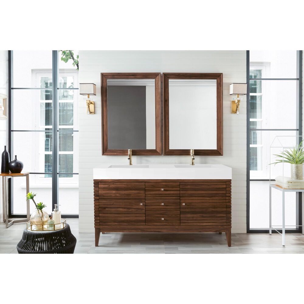 James Martin Vanities Linear 59&quot; Double Bathroom Vanity in Mid Century Walnut with 15 cm Glossy White Solid Surface Top and Rectangular Sinks, , large