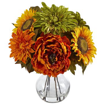 Nearly Natural Inc 12" Peony, Dahlia and Sunflower Artificial Arrangement in Glass Vase, , large