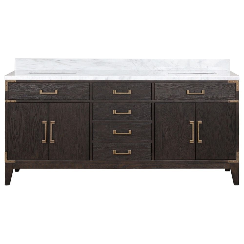 Lexora Home Laurel 72&quot; Double Bathroom Vanity in Brown Oak with White Carrara Marble Top and Rectangular Sinks, , large
