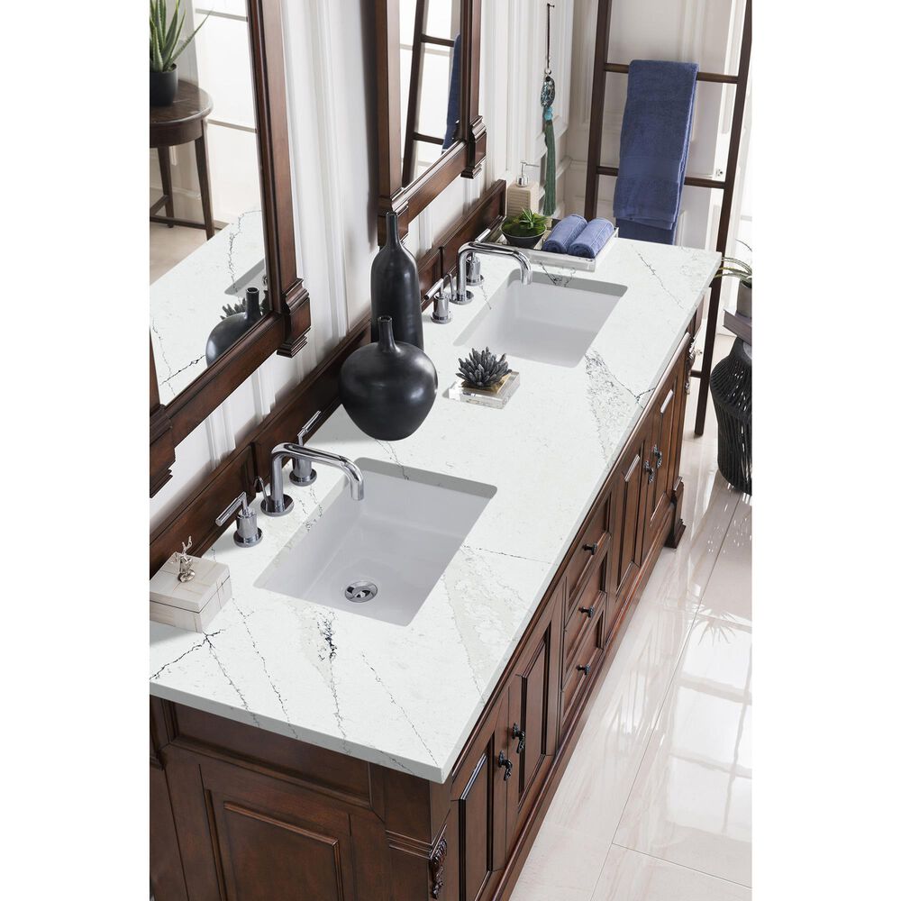 James Martin Vanities Brookfield 72&quot; Double Bathroom Vanity in Warm Cherry with 3 cm Ethereal Noctis Quartz Top and Rectangle Sinks, , large