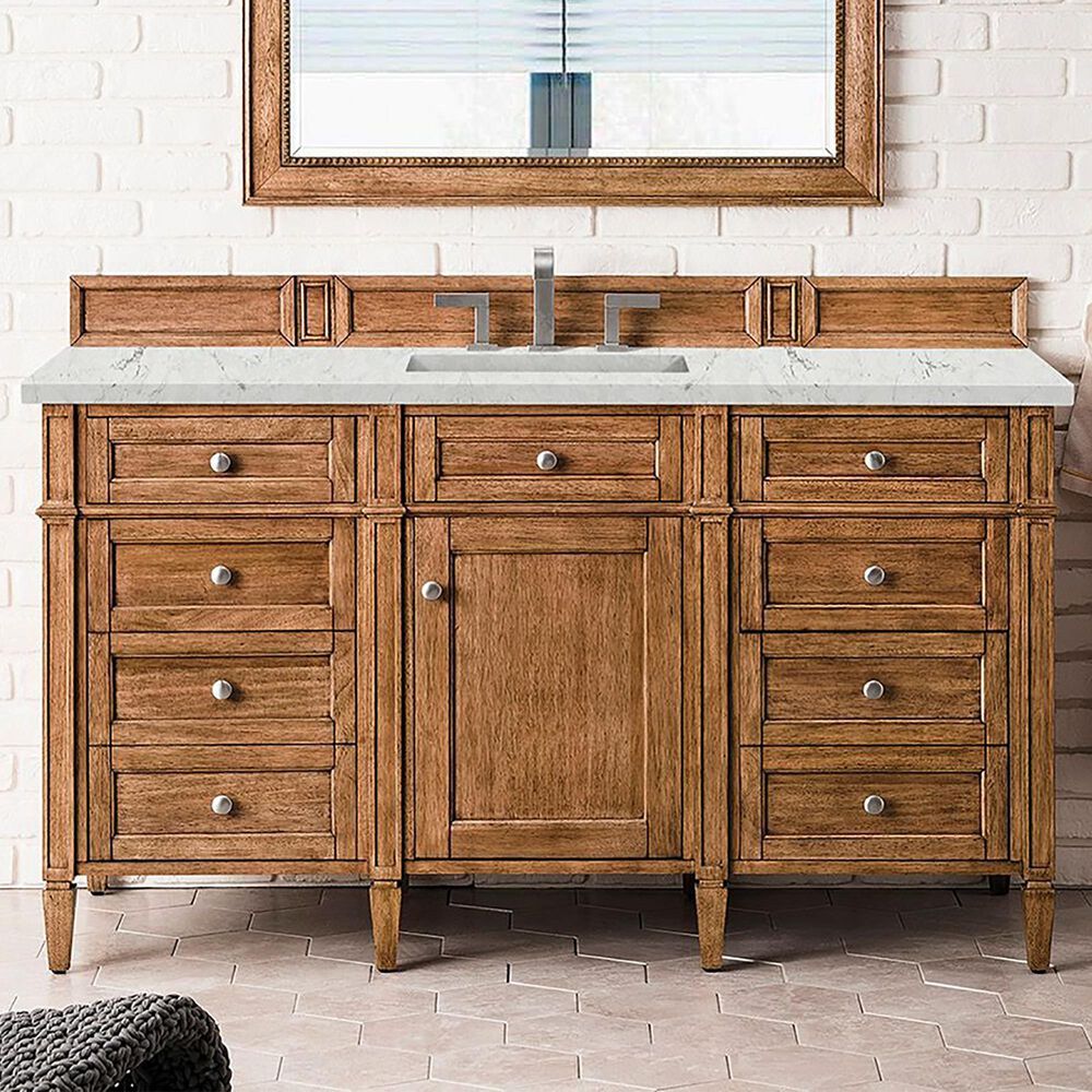 James Martin Vanities Brittany 60" Single Bathroom Vanity in Saddle Brown with 3 cm Eternal Jasmine Pearl Quartz Top and Rectangular Sink, , large