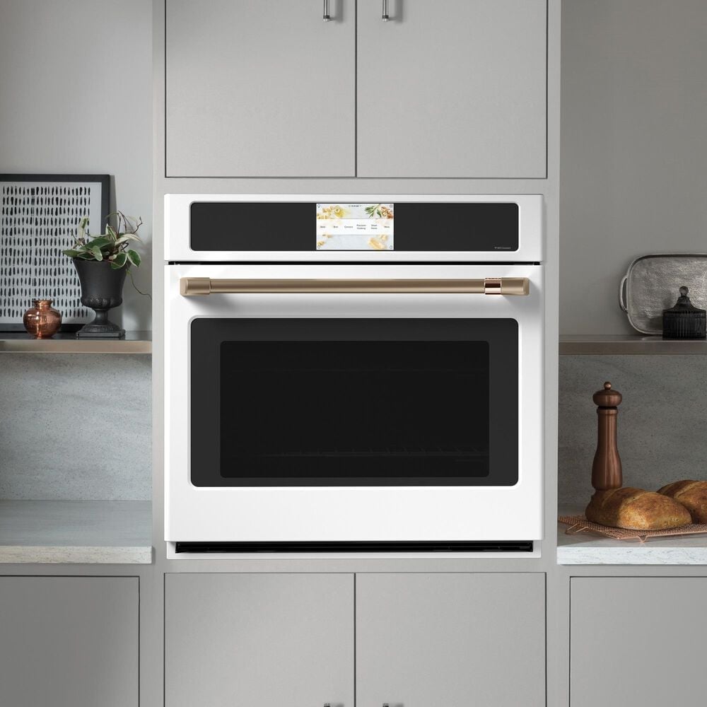 Cafe 30&#39;&#39; Built-In Convection Single Wall Oven with Brushed Bronze Handle in Matte White, , large