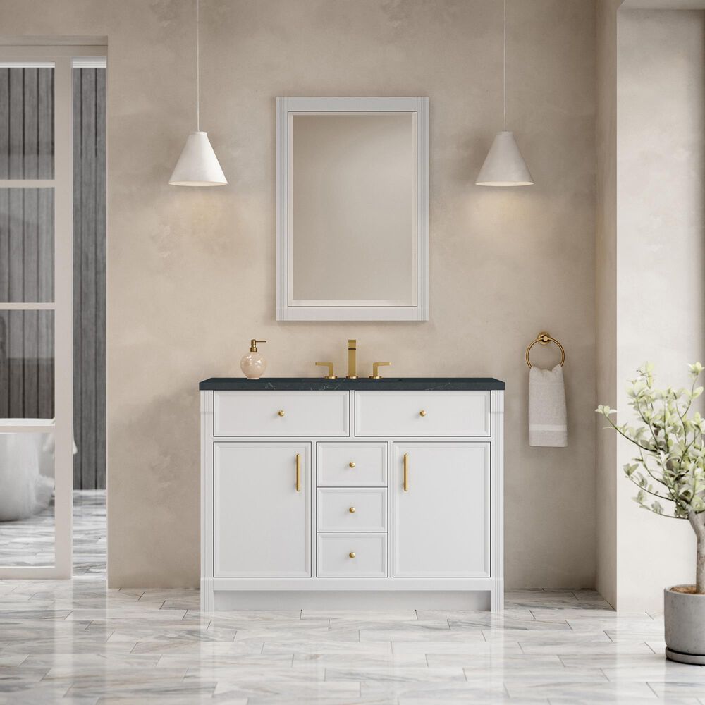 James Martin Bellshire 48" Single Bathroom Vanity in Bright White with 3 cm Charcoal Soapstone Silestone Top and Rectangular Sink, , large