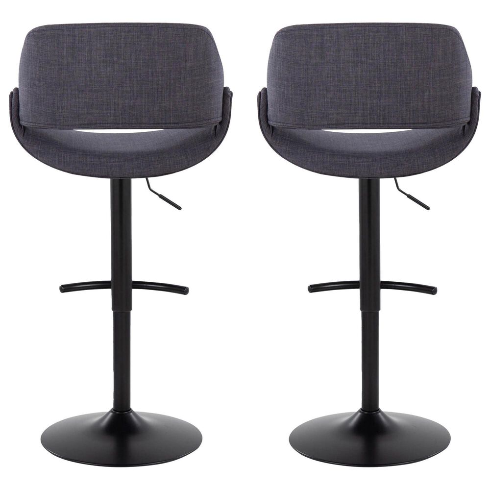 LumiSource Fabrico Swivel Adjustable Bar Stool with Charcoal Fabric Upholstery and Rounded T Footrest in Black (Set of 2), , large