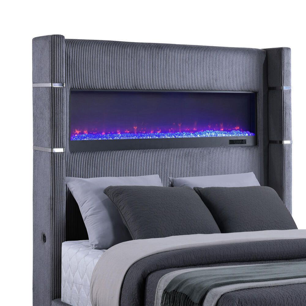 Coaster Tisdall Queen Upholstered Fireplace Bed in Grey, , large