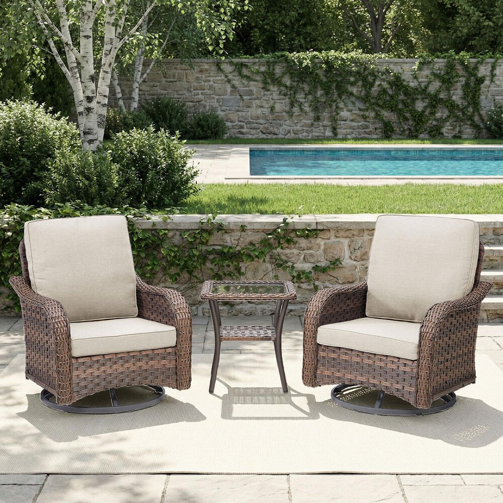 Sunwell Garden 3-Piece Patio Swivel Glider with 31.5" High Roll-Arm Chair in Beige, , large
